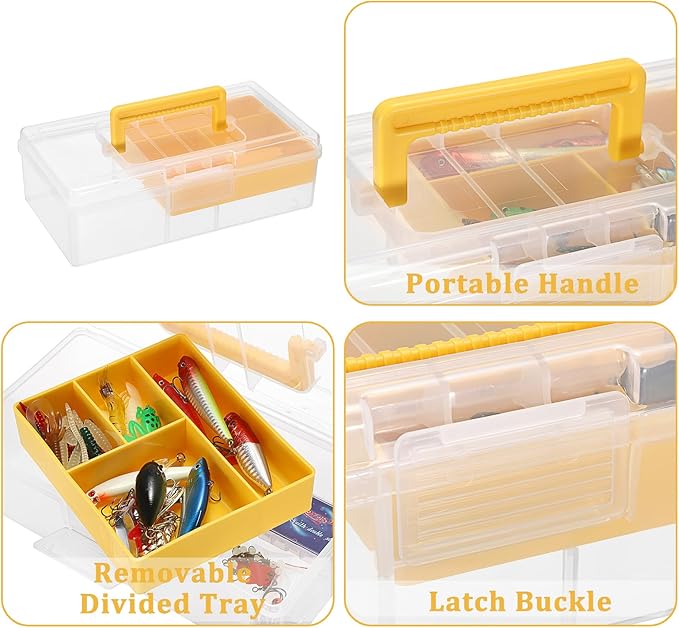 JUXYES Plastic Carry Storage Box with Removable Dividers, Clear Art Craft Supply Storage Bin Sewing Box With Handle Lid, 2 Layers Stationery Storage Case for School/Office Supplies