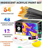64 PCS Iridescent Acrylic Paint Set with 12 Brushes, 2 Knives & Palette, 48 Colors (2oz/60ml) Art Craft Paint for Adults Kids Artists Beginners, Halloween Pumpkin Canvas Ceramic Rock Painting Kit