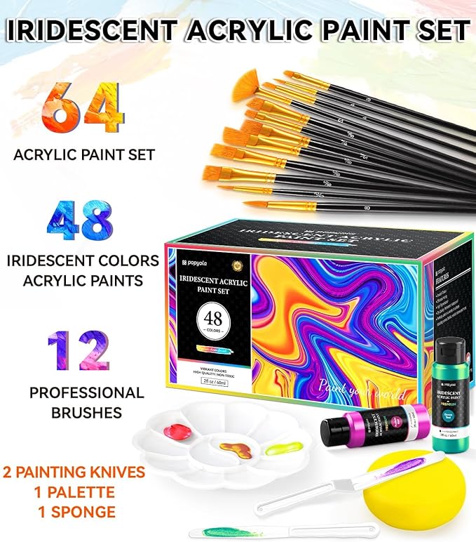 64 PCS Iridescent Acrylic Paint Set with 12 Brushes, 2 Knives & Palette, 48 Colors (2oz/60ml) Art Craft Paint for Adults Kids Artists Beginners, Halloween Pumpkin Canvas Ceramic Rock Painting Kit