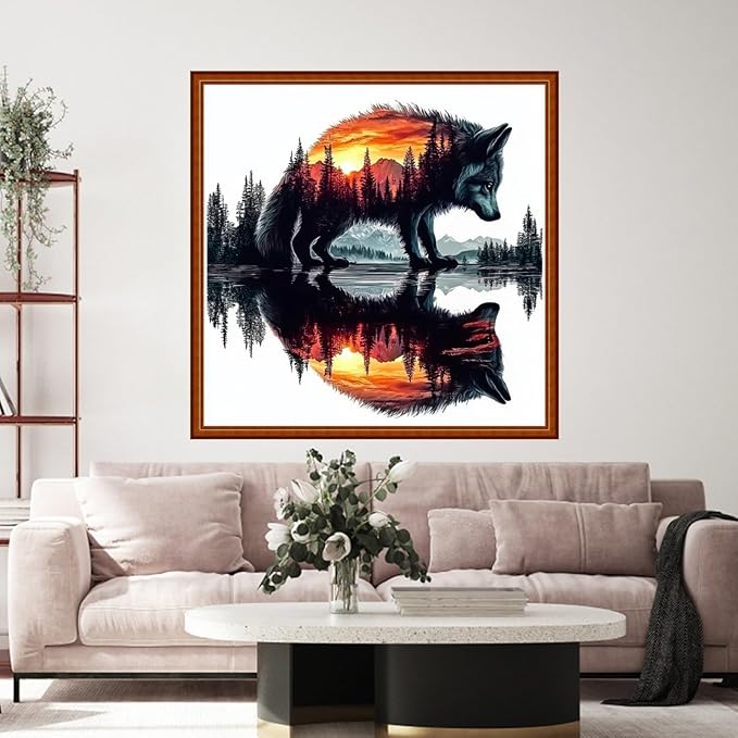 Funart Stamped Cross Stitch Kits for Beginners Full Range of Cross Stitching Preprinted Embroidery Kits for Adults, 11CT Embroidery Pattern Needlepoint Kits-Abstract Forest Wolf 18x18 inch