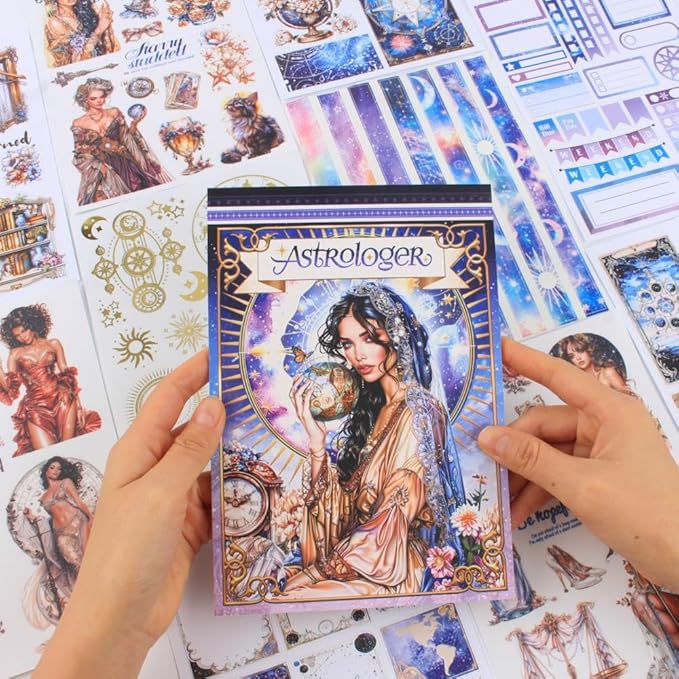Dwpetzo Astrologer Journaling Sticker Book for Adults, 20 Sheets A5 Precut Transparent PET Washi Paper Materials Stickers for Scrapbooking, Junk Journal Supplies, Planners, Bujo, Collage