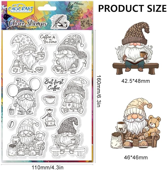 CHGCRAFT Gnome Coffee Clear Stamps Balloon Transparent Handicraft Stamps for DIY Scrapbooking Photo Album Decorative Cards Making, 6.3x4.3inch