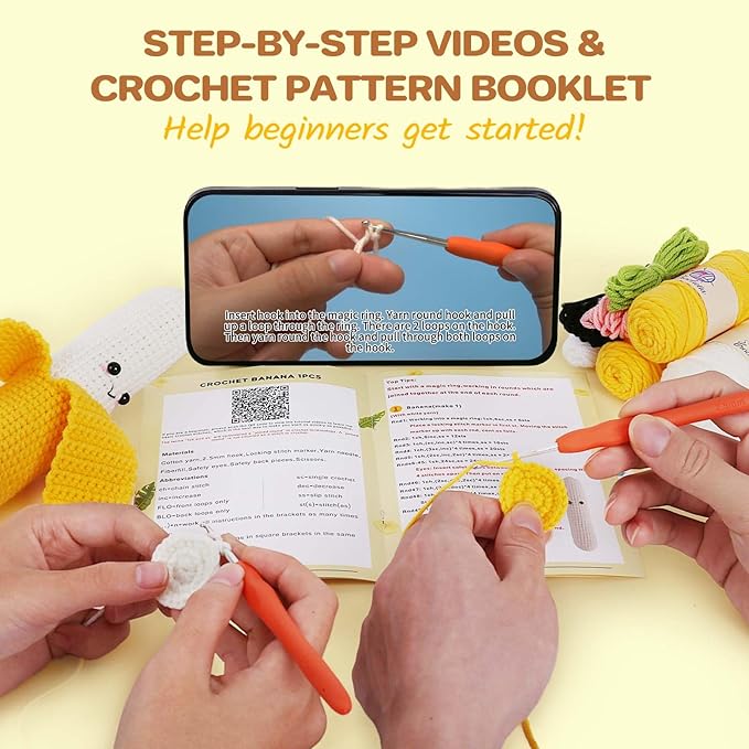 Crochetta Crochet Kit for Beginners, Crochet Starter Kit with Step-by-Step Video Tutorials, Crochet DIY Knitting Supplies for Adults Kids, Crochet Kit Banana(40%+ Yarn)