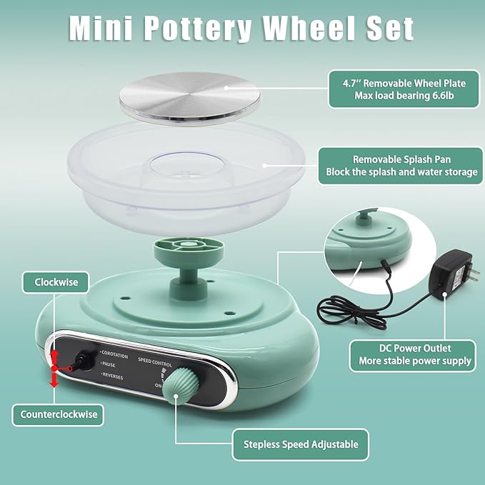 Hitish Mini Pottery Wheel, 4.7" Pottery Wheel for Kids Teens & Adults Beginners, Plug-in Motor, 1.32Lb Air Dry Clay, Crafts Kit for Home DIY, Ceramic Work & Art Creation, Clay Tools Included