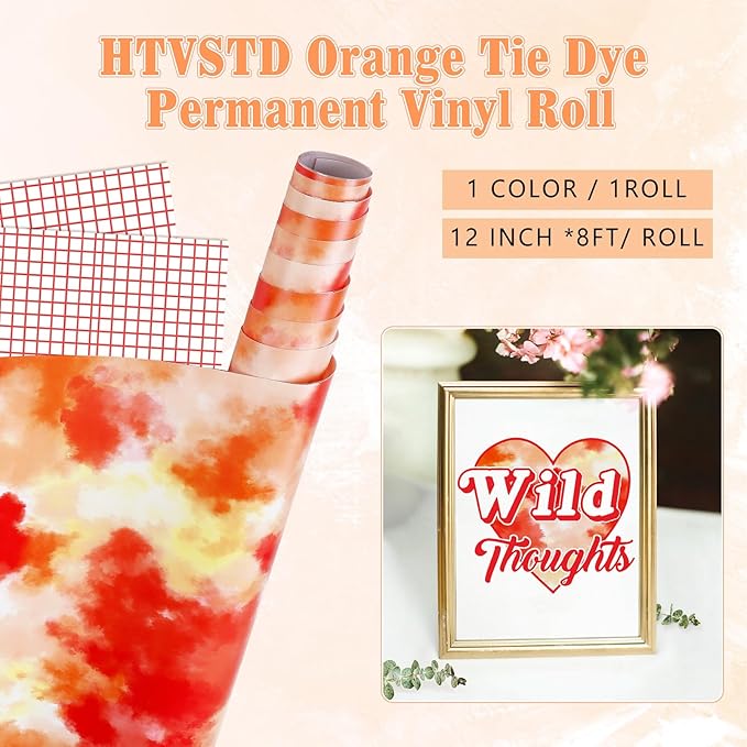 Tie Dye Permanent Vinyl Roll- 12'' x 8ft Orange Clouds Permanent Adhesive Vinyl for Mugs Decors Self Adhesive Sticker