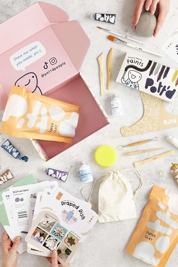 Pott'd Air Dry Clay for Adults - Beginner's Home Pottery Kit. Includes: Air-Dry Clay, Tools, Paints, Brushes, Sealant, How-to-Guides