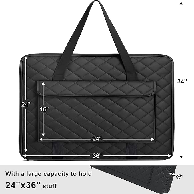JJRING 24x36 Quilting Portfolio Bag, Lightweight Black Art Canvas Portfolio Case, Portable Storage Case for Posters, Artwork, Drawing and Sketching Boards