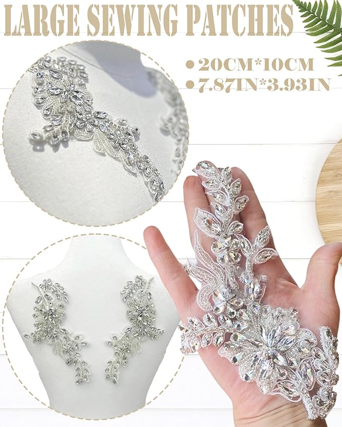1 Pair Handmade Flower Rhinestone Applique for Clothes, Crystal Fabric Patches for Wedding Dress, Bling Beaded Embroidery Lace Applique for Hat Hairband Sewing Embellishment (Silver)
