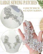 1 Pair Handmade Flower Rhinestone Applique for Clothes, Crystal Fabric Patches for Wedding Dress, Bling Beaded Embroidery Lace Applique for Hat Hairband Sewing Embellishment (Silver)
