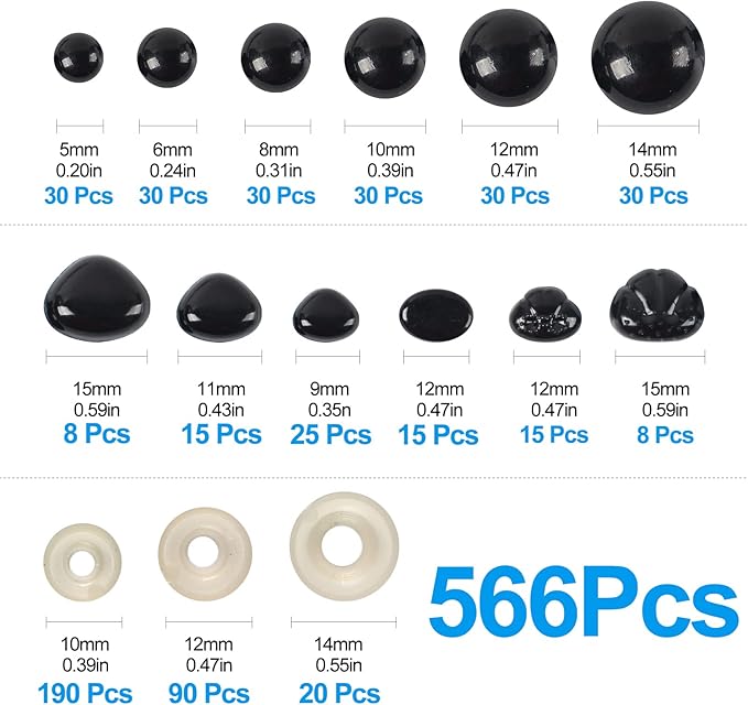 Yexixsr 566PCS Safety Eyes for Amigurumi, Various Sizes Crocheting Safety Eyes and Noses with Washers, for Teddy Bear, Stuffed Doll, Crochet Toy and Plush Animal