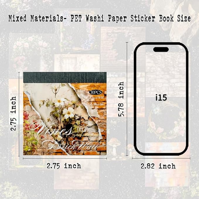 6 Small Scrapbook Sticker Books for Scrapbooking, 180 Sheets Retro Brick Wall Collage Materials- Paper PET Washi Stickers for Journaling, Junk Journal Supplies, Collage, Crafts