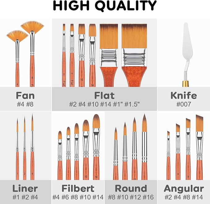 Paint Brush Set of 25pcs, FENORKEY Acrylic Paint Brushes, Professional Artist Paintbrushes, Includes Canvas Roll and Palette Knife, Suitable for Oil, Acrylic, Gouache and Watercolor Painting