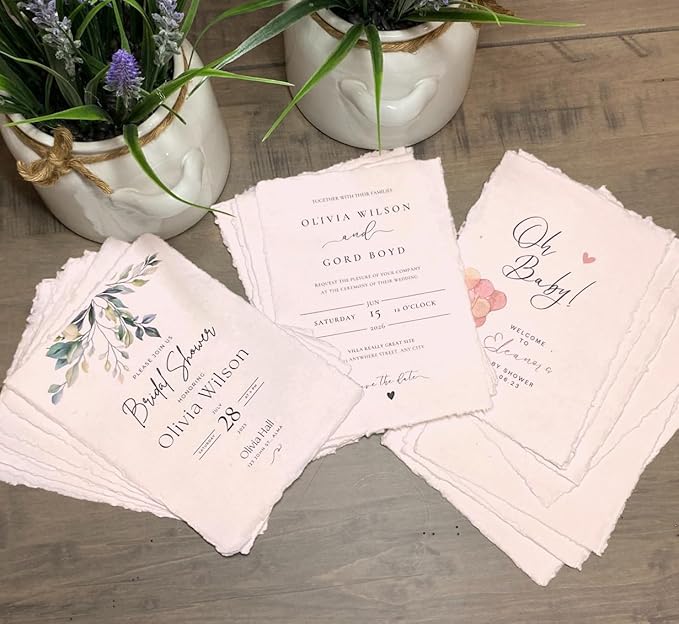 Wanderings Pink Thick Handmade Deckled Edge Cotton Paper - Cold Pressed Texture - Paint, Watercolor, Drawing, Cards, Invitations, Menus, Save The Date, Arts and Crafts, 25 Pack Pink 300gsm, 4x6