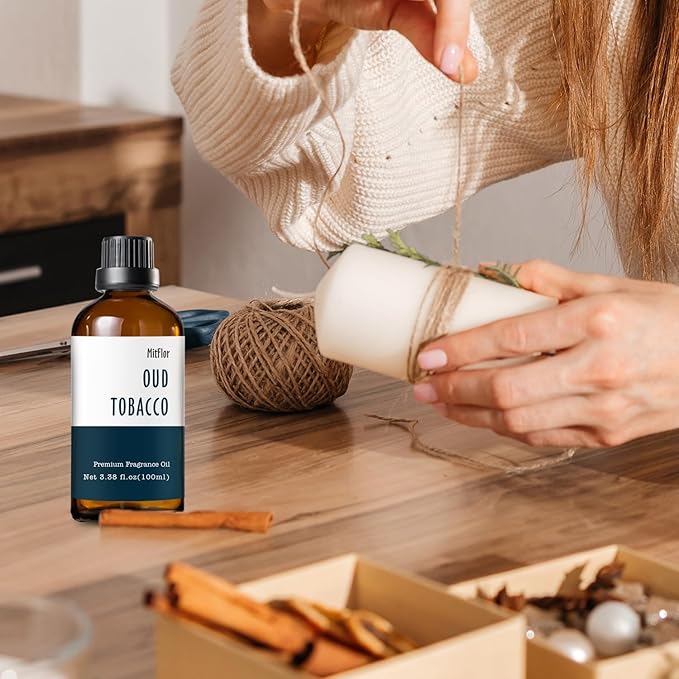 Oud Tobacco Fragrance Oil, MitFlor Single Scented Oil, Large Size Premium Grade Fragrance Oil for Soap & Candle Making, Aromatherapy Oil, Men & Woody Scent for Home Fragrance - 3.38 OZ/100ML