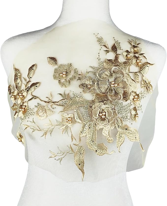1 PC 3D Gold Lace Flowers Fabric Embroidered Applique Beads Trim Patches for Wedding Bridal Dress Decoration DIY Sewing Clothing Decoration, 13 x 10 Inch