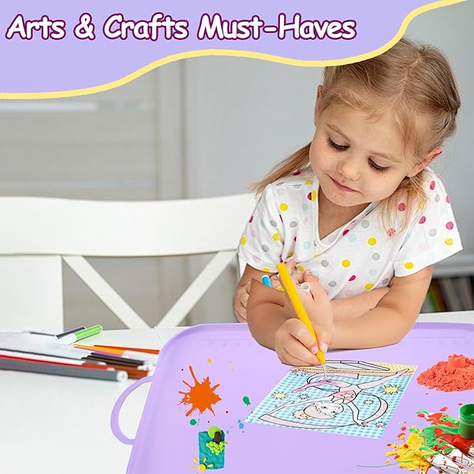 Silicone Craft Station Mat for Kids, Large Silicone Art Mat With Handle, Raised Edges for Painting, Jewelry-Making & Crafts - 26x16in,Purple