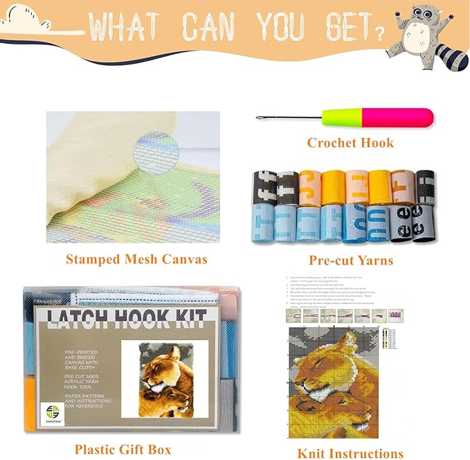 Latch Hook Kits for Adults - DIY Latch Hook Rug Kits for Kids, Crochet Kit for Beginners, Rug Making Kits with Printed Canvas, Gift Packaging. Lion Pattern (15x21 Inch)