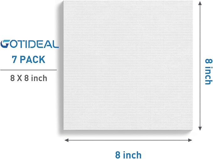 GOTIDEAL Stretched Canvases for Painting, 8x8 Inch Set of 7, Primed White - 100% Cotton Blank Art Square Canvas Boards for Painting for Acrylic Pouring, Oil Paint Dry & Wet Art Media