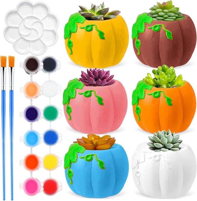 Pasimy 6 Set DIY Ceramic Succulent Planter Pots Paint Your Own Flower Pots Craft Kit Unpainted Bisque Paintable Flowerpot with Brush Palette Ready to Paint for Family Activity Gift(Pumpkin)