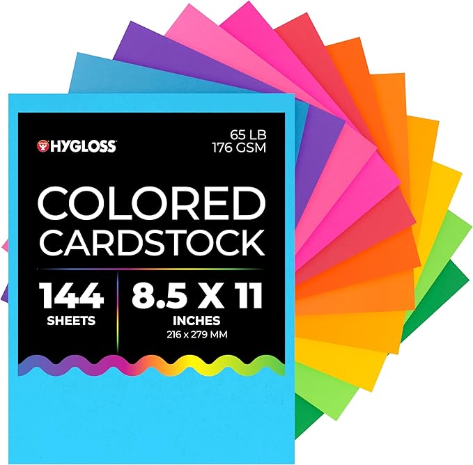 Hygloss Bright Colored Cardstock - 8.5x11-Inch, 12 Assorted Colors, 144 Sheets, 65 lb/ 176 gsm, Fade-Resistant, Acid-Free Color Card Stock Paper