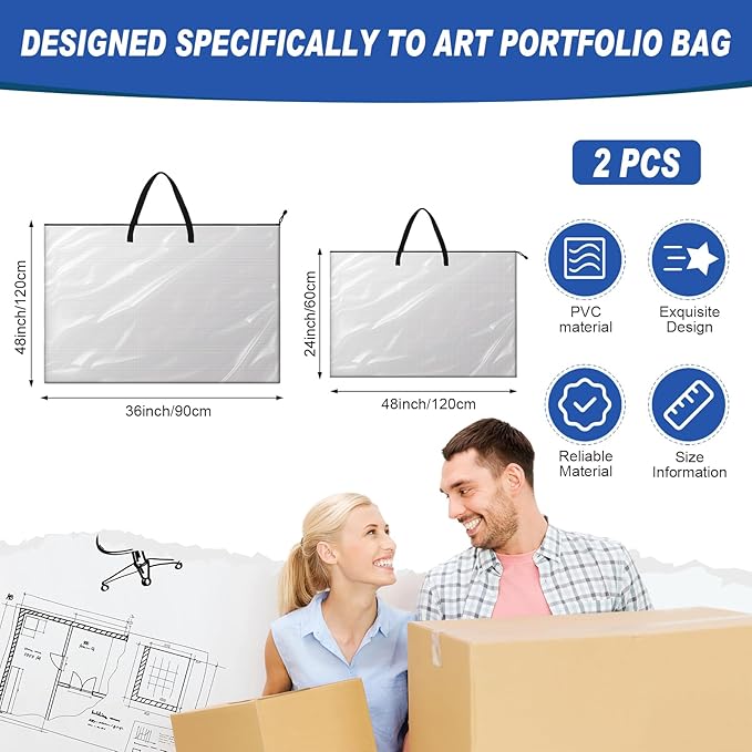Tenceur 2 Pcs Art Portfolio Case 24 x 36 and 48 x 36 Inch Large Poster Storage Bag PVC Art Portfolio Container with Zipper and Handle Bulletin Board Clear Storage Folder for Artwork