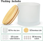 4oz Candle Jars 12 Pack- Frosted Bulk Small Glass Jars with Bamboo Lids, with Stickers and Labels, Empty Candle Jar for Making Candles Containers - Dishwasher Safe