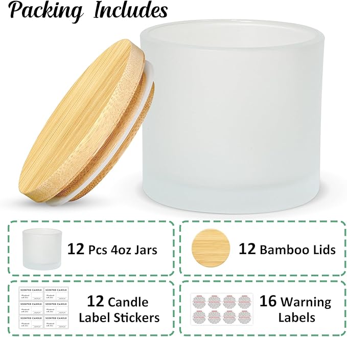 4oz Candle Jars 12 Pack- Frosted Bulk Small Glass Jars with Bamboo Lids, with Stickers and Labels, Empty Candle Jar for Making Candles Containers - Dishwasher Safe