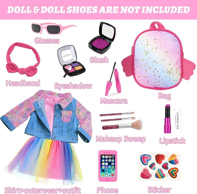 UNICORN ELEMENT 15 Pcs American 18 Inch Doll Makeup Accessories Set and Doll Clothes Includes Skirt, Backpack Carrier for 18 Inch Doll Makeup Doll Accessories for Girl (No Doll)