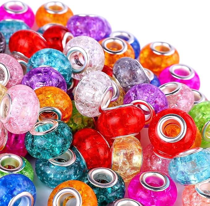 100 Pieces 14mm European Large Hole Spacer Beads Mix Color with Silver Brass Cores Assortments Charm Lampwork Beads Supplies for Necklace Bracelets Jewelry Making (Crack transparent)