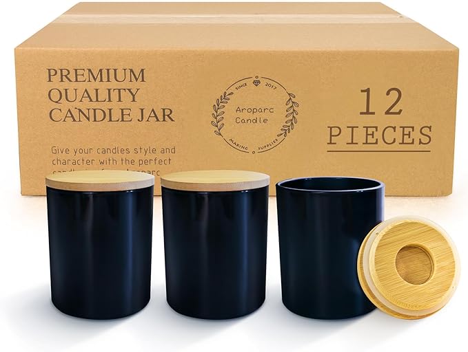Aroparc 12 Pack 10oz Black Candle Jars With Lids, Bulk Container Tumbler for Making Supplies - Gloss Black