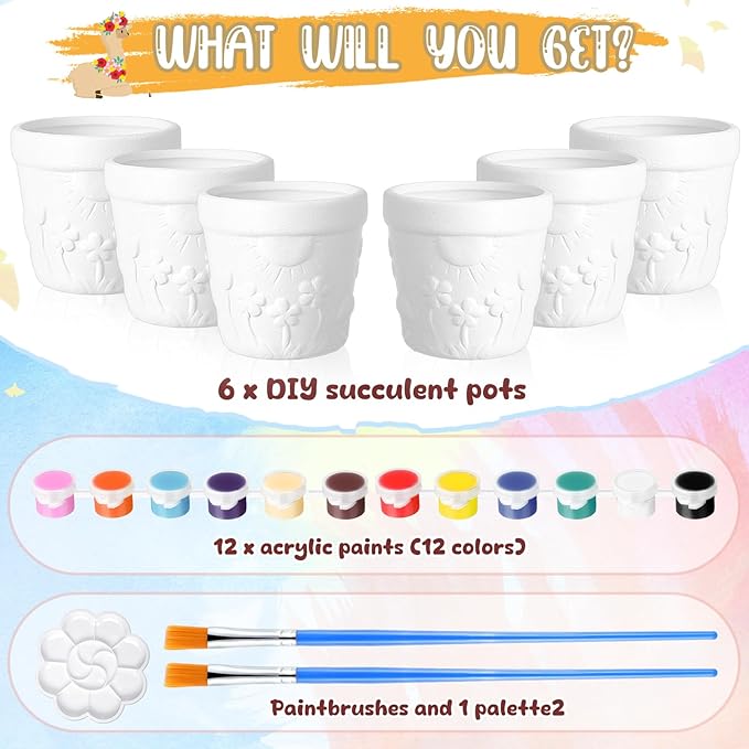 Pasimy 6 Set DIY Ceramic Succulent Planter Pots Paint Your Own Flower Pots Craft Kit Unpainted Bisque Paintable Flowerpot with Brush Palette Ready to Paint for Family Activity Gift(Classic)