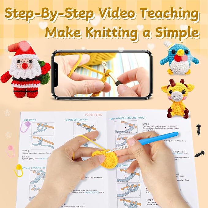 kacistech 6 Pack Christmas Crochet Kit for Beginners Adults & Kids, Animal Crochet Patterns with Video Tutorial, DIY Starter Kit Includes Yarn, Hook, Gift for Craft Lovers