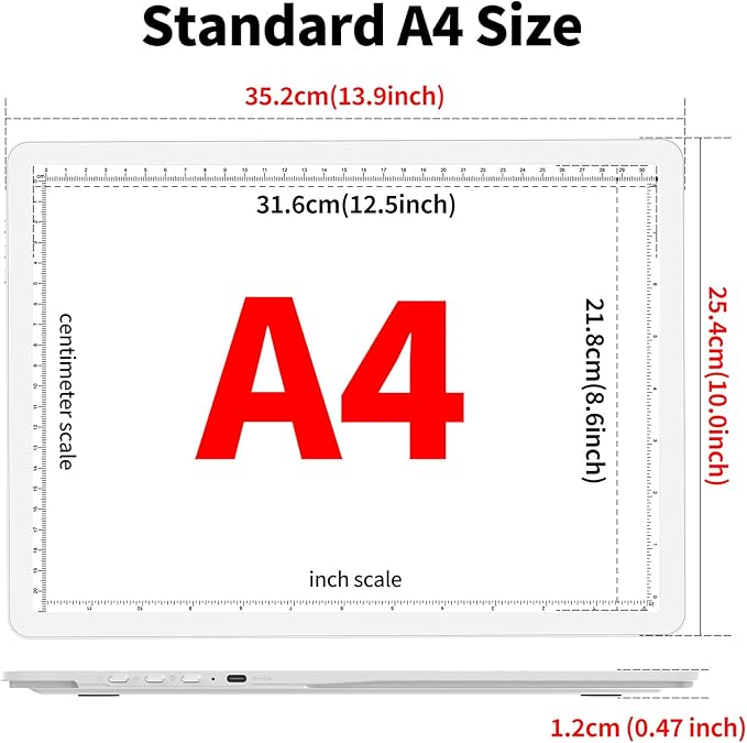 TOHETO Rechargeable A4 Light Board with Stand, Super Bright Magnetic Light Pad with Side Buttons, Wireless Light Box for Tracing and Drawing, Cordless LED Light Table for Diamond Painting White