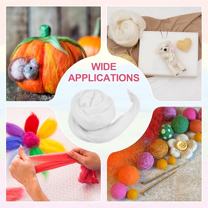 MECCANIXITY Wool Roving Yarn Soft Felting Wool 50g/1.76oz Pure Chunky Roving Yarn for Needle Felting Knitting Blanket Spinning Weaving Art DIY Craft White