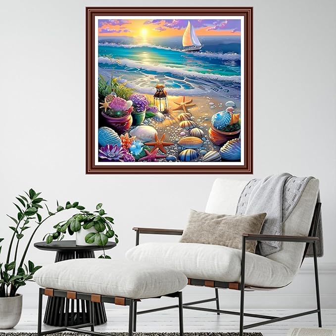 Dimensean Counted Cross Stitch Kit for Beginners, 11CT Unprinted Cross-Stitch Kit Easy Patterns Needlepoint Kit Cross Stitching Embroidery Kit Supplies-Beach Sunrise Scenery 18x18 inch
