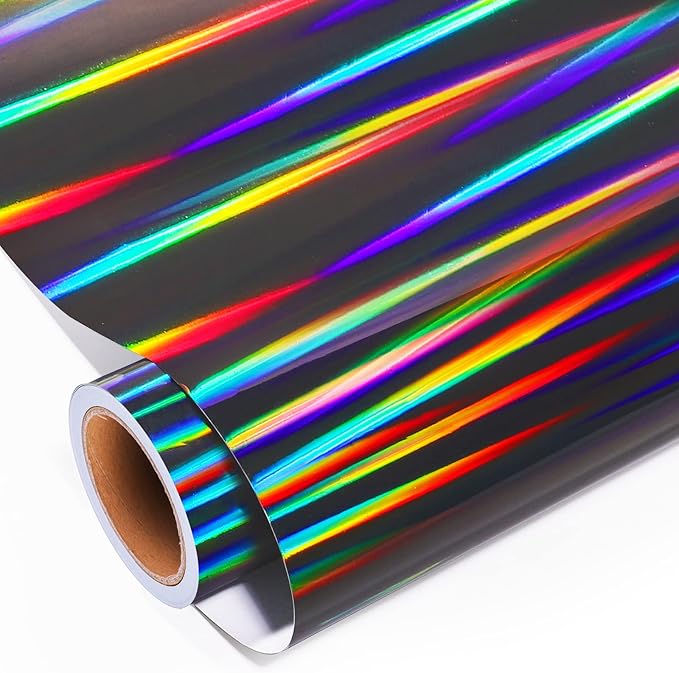 GIRAFVINYL Black Holographic Permanent Vinyl Roll - 12" X 10FT Glossy Rainbow Adhesive for Cup, Sticker, Home and Car Decorations