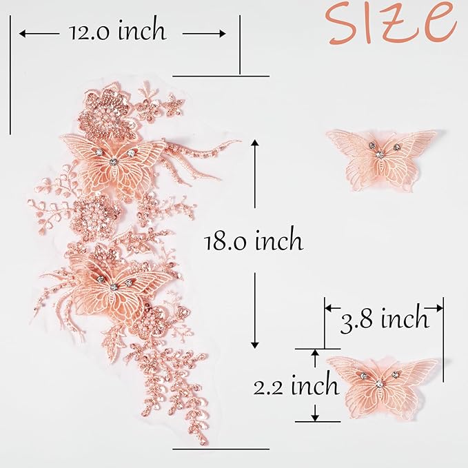 Flower Pearl Fabric Rhinestones Beaded Lace Applique,3D Butterfly Embroidered Lace Patch for Clothes,Dress (Orange)