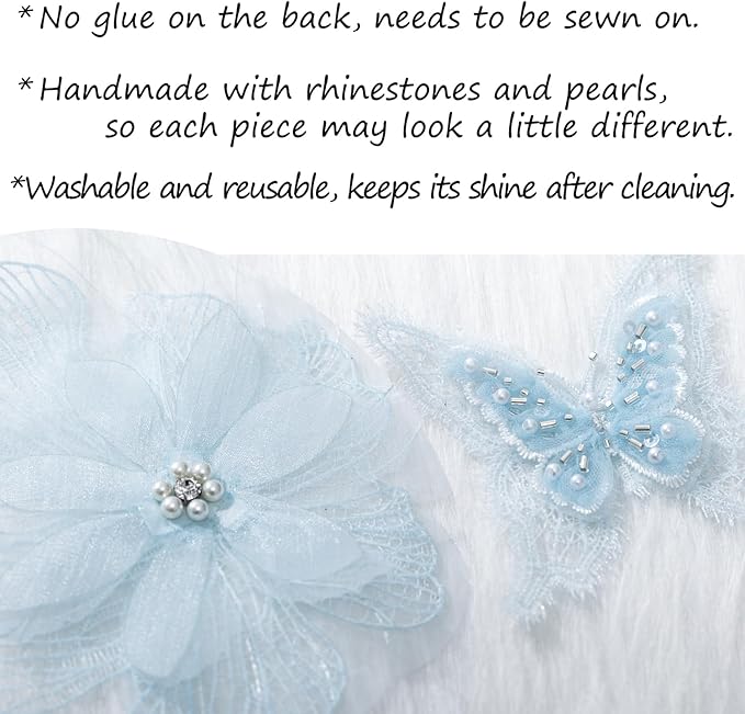 6 Pieces 3D Flower Lace Embroidery Butterflies Appliques Pearl Patches for Repairing and Decorating, Sewing Craft Clothing Jeans Jackets Bags (Light Blue)