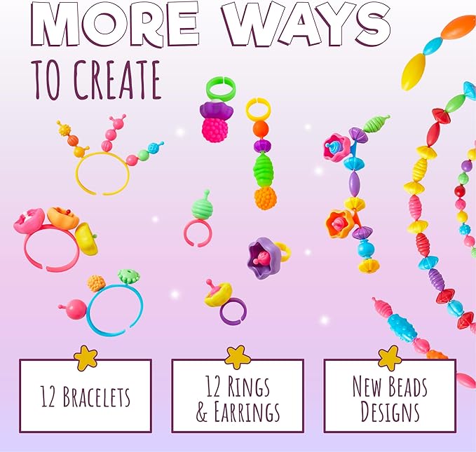 Orian Pop Beads Jewelry Making Kit for Girls – Extra-Large 850+ Piece Set with Hairbands, Bracelets & Rings – Snap Beads for Kids Ages 3+, DIY Jewelry Kit with Unicorn Gift Bag & XL Storage Case