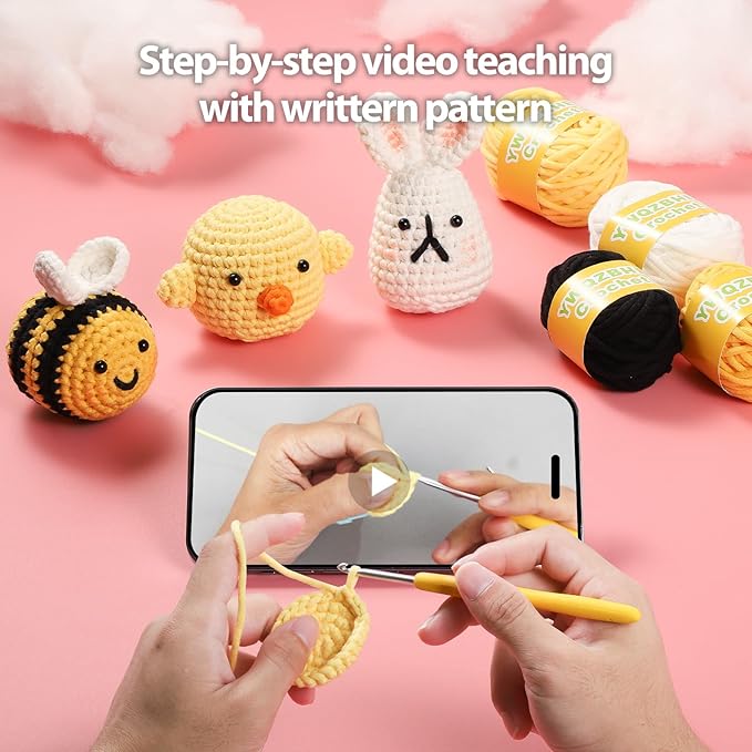 YWQZBHEMO Crochet Kits for Beginners/Experts - All-in-One Learn to Crochet 3 Different Patterns Sets - Chicken, Rabbit, Bee for Adult Starters, Includes Enough Yarns, Hook, Accessories