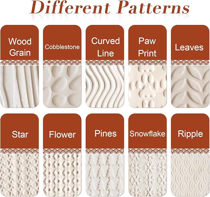 Lzttyee Set of 10 Wooden Handle Pottery Tools Clay Modeling Pattern Rollers Kit Brown (Set of 10)