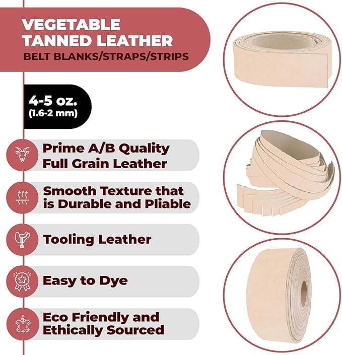 ELW Leather Blank Belt | 4-5 Oz. (1.6-2mm) Thickness | Size: 3/4"x40" (1.905x101cm) Cowhide Vegetable Tanned | Full Grain Strip, Strap | Ideal for DIY Belts for Tooling, Crafting & Stamping