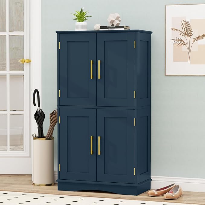 Tangkula Bathroom Floor Storage Cabinet, 43.5" H Freestanding Pantry Cabinet with 4 Doors and 2 Adjustable Shelves, Kitchen Cupboard for Living Room, Dining Room, Bathroom (Navy Blue, 43.5" H)