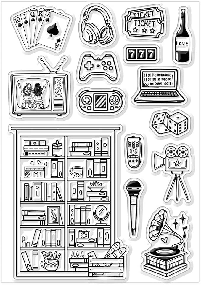 CHGCRAFT Leisure Games Clear Stamps Bookshelf Record Player Stamps Silicone Stamps Transparent Paper Craft Stamps for Journaling Card Making DIY Scrapbooking Handmade Photo Album Notebook