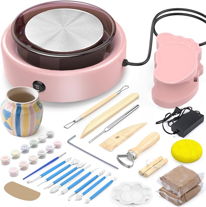 Skirfy Mini Pottery Wheel for Beginners Adults 9.5" Ceramic Machine for Kids Art Craft Glow in Dark Kits 2.2LB Air-Dry Clay,Carving Tools Adjustable Speed,Home Decor DIY Projects Birthday Gift