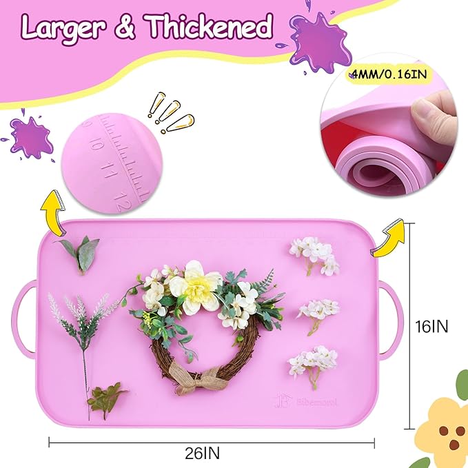 Silicone Craft Station Mat for Kids, Large Silicone Art Mat With Handle, Raised Edges for Painting, Jewelry-Making & Crafts - 26x16in, Pink