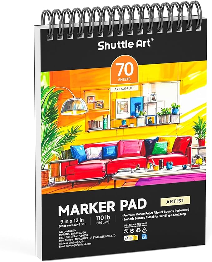 Shuttle Art Marker Pad, 12”x9” Portable Sketchbook, 70 Sheets Marker Drawing Paper, 110LB/180GSM Smooth Surface Bleedproof Art Paper, Spiral-Bound, Great for Artists to Draw, Paint & Sketch