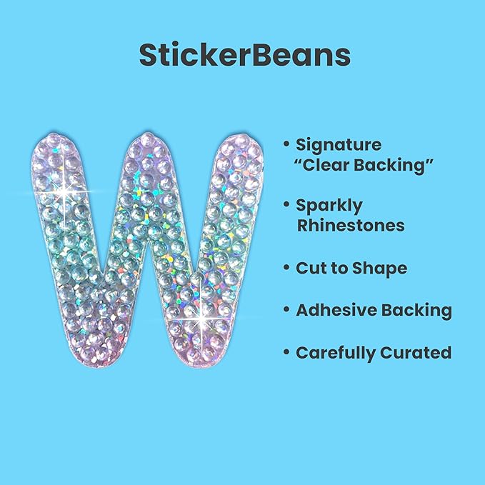 StickerBeans® Rhinestone Alphabet Letter Sticker W - Unique Sparkly Design 2” x 2” Cut-to-Shape Adhesive - Personalization, Collecting, Gifting, Scrapbooking, Decorating Laptops, Phone Cases, All Ages