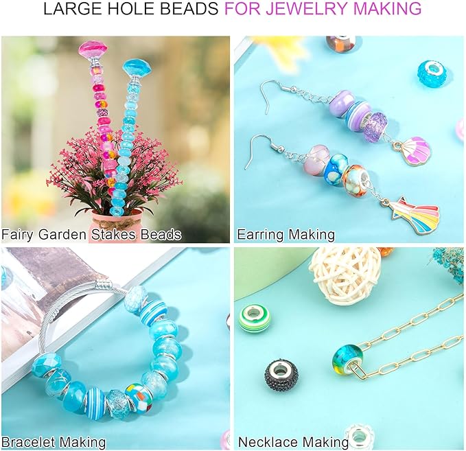 Large Hole Beads Spacer Beads Dark Blue Assorted European Craft Big Beads Large Hole Lampwork Murano Bead Fairy Wand Garden Beads for DIY Bracelet Necklace Earring Jewelry Making Decoration Supplies