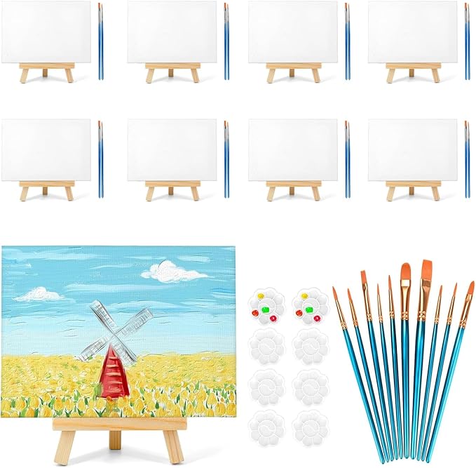 8 Pack 8x10 in Canvas Boards for Painting,Canvas for Painting with 9.5" Easel, Art Canvas Painting Kit with 10 Brushes & 2 Paint Tray for Kids Teenagers Acrylic Pouring Oil Water Color Gift…